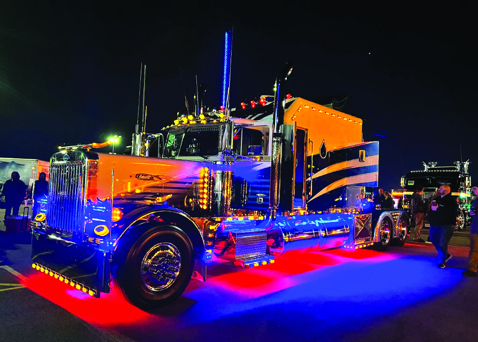 1995 Peterbilt 378 at night with lights